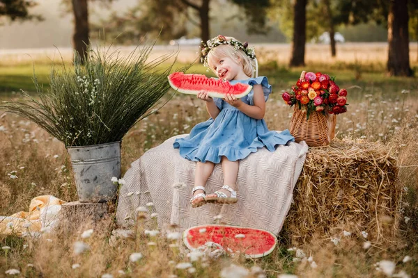 Пікнік Родиною Мила Маленька Дівчинка Їсть Великий Шматок Кавуна Соломі — стокове фото