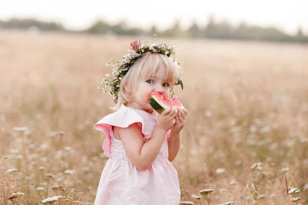 Пікнік Родиною Мила Маленька Дівчинка Їсть Великий Шматок Кавуна Траві — стокове фото