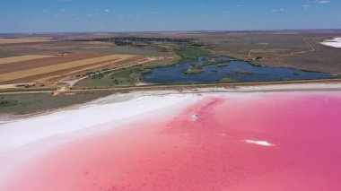 Pembe Ada 'daki adanın kıyılarındaki beyaz tuzun ve mavi gökyüzünün havadan görünüşü. Lemuria Gölü, Ukrayna. Göl, tuzlar ve sudaki kabuklu deniz ürünleri yüzünden doğal olarak pembeleşir..
