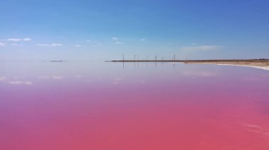 Pembe Ada 'daki adanın kıyılarındaki beyaz tuzun ve mavi gökyüzünün havadan görünüşü. Lemuria Gölü, Ukrayna. Göl, tuzlar ve sudaki kabuklu deniz ürünleri yüzünden doğal olarak pembeleşir..