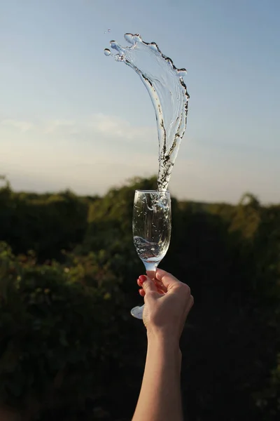 Mano Femenina Sosteniendo Vaso Agua Dulce Sobre Fondo Naturaleza Cielo —  Fotos de Stock
