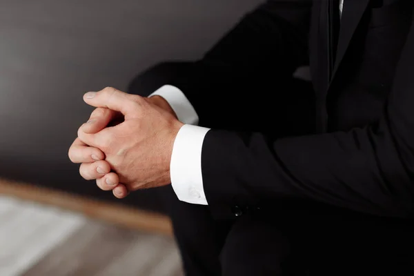 Close Male Clasped Hands Clenched Together Businessman Preparing Job Interview — Stock Photo, Image