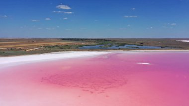 Pembe Ada 'daki adanın kıyılarındaki beyaz tuzun ve mavi gökyüzünün havadan görünüşü. Lemuria Gölü, Ukrayna. Göl, tuzlar ve sudaki kabuklu deniz ürünleri yüzünden doğal olarak pembeleşir..