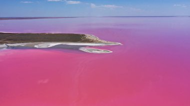 Pembe Ada 'daki adanın kıyılarındaki beyaz tuzun ve mavi gökyüzünün havadan görünüşü. Lemuria Gölü, Ukrayna. Göl, tuzlar ve sudaki kabuklu deniz ürünleri yüzünden doğal olarak pembeleşir..
