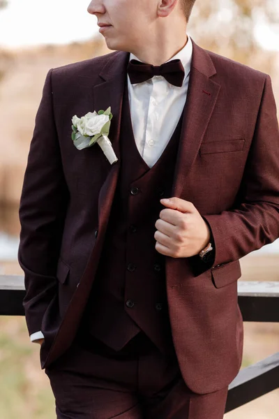 ボルドの結婚式のスーツの新郎白いシャツのタキシード蝶ネクタイバラのボタンホール 高品質の写真 — ストック写真
