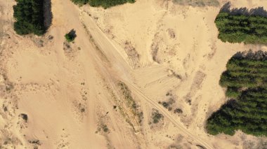 Çöl Kumları 'nın Dokuları ve Örnekleri' nin Hava Görüntüsü. Güzel manzara. Çöl ve yeşil çalılar.