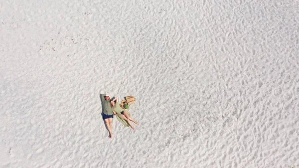 Aerial View Young Couple Lying White Sand Man Woman Spend — Stock Photo, Image