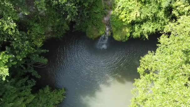 Aerial view of a beautiful waterfall with blue lake in the forest — Vídeos de Stock