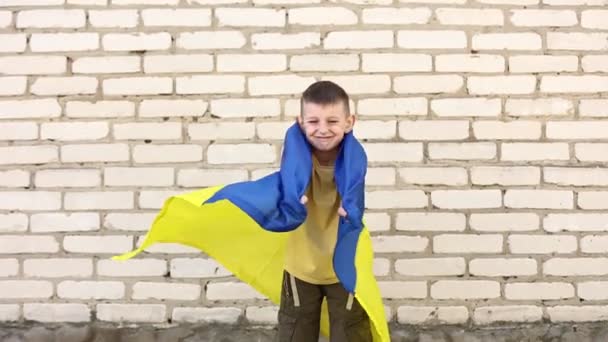 Sorrindo Adorável Menino Ucraniano Está Feliz Com Vitória Seu País — Vídeo de Stock