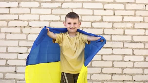Smiling Adorable Ukrainian Boy Happy Victory His Country Children War — Stockvideo