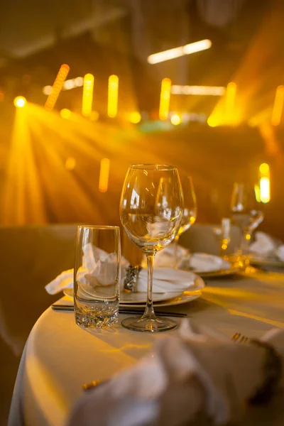 Vidro Vazio Restaurante Casamento Decoração Celebração Conceito Férias Configuração Mesa — Fotografia de Stock