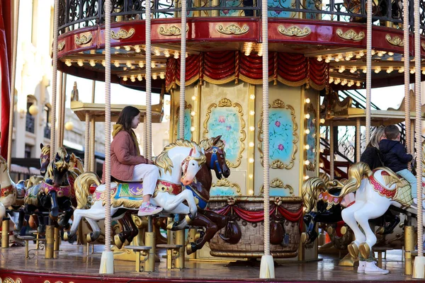 Little Girl Riding Animals Roundabout Carousel Amusement Park Child Having — Foto Stock