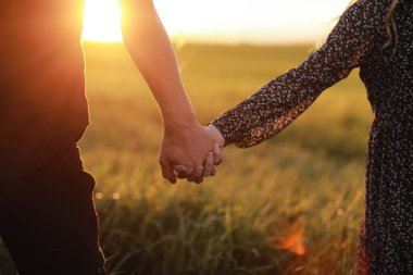 loving couple holding hands at sunset in the meadow on summer day while walking. cropped photo. selective focus.