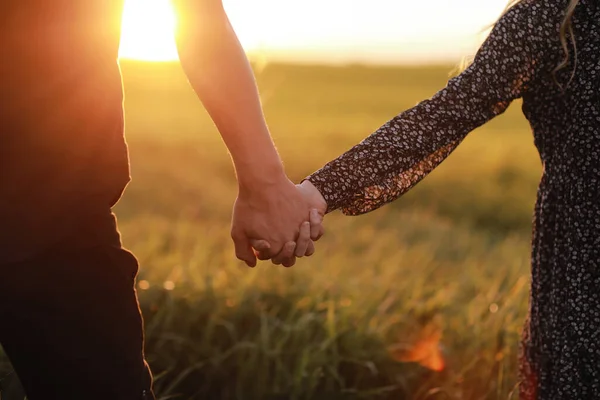 Loving Couple Holding Hands Sunset Meadow Summer Day While Walking — Stok fotoğraf