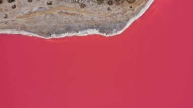 Pembe bir tuz gölünün üzerinde uçuyor. Tuz üretim tesisleri tuzlu göldeki tuz buharlaştırma göleti tarlaları. Dunaliella tuzlu kuru kristalize edilmiş tuzlu kıyılarla mineral gölüne kırmızı, pembe bir su döker.