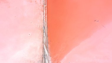 Pembe suyu olan tuzlu göl manzarası, Sivash gölü, Ukrayna, dinlenme yeri. Göl, tuzlar ve sudaki kabuklu deniz ürünleri yüzünden doğal olarak pembeleşir.