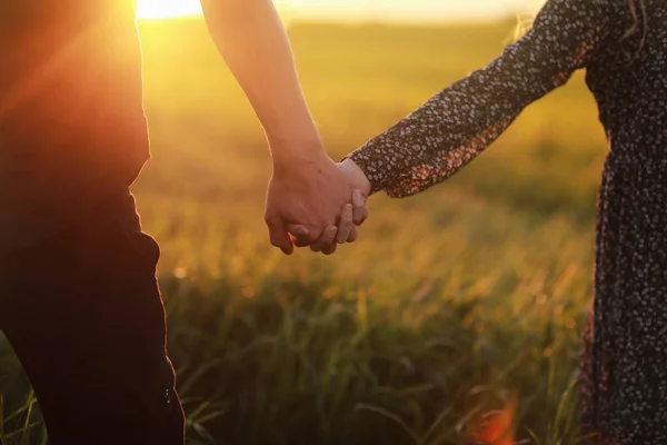 Paar Hält Händchen Auf Der Grünen Wiese Bei Sonnenuntergang — Stockfoto