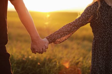 Günbatımında ya da sonbaharda çiftler el ele tutuşur. Yürürken el ele tutuşan sevgili çiftin yakınlaşması. Seçici odak.