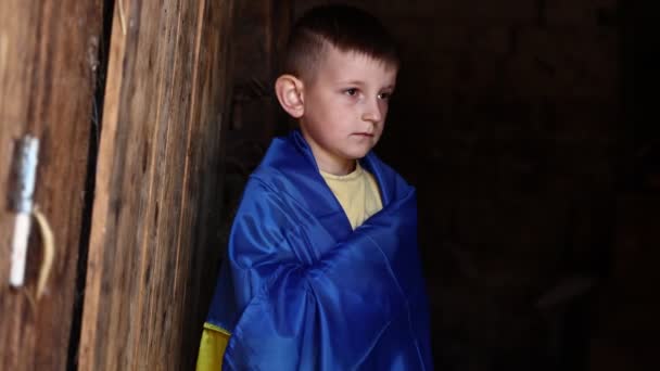 Sad Ukrainian Small Child Stands Outdoors Supporting Homeland Little Kid — Vídeo de Stock