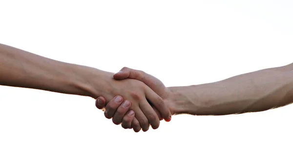 握手握手握手握手握手 両手でジェスチャー 白い背景に隔離されている 2人の友好的パートナー 人と人とのつながりの概念 フレンズ スタートアップのチャンスに同意 — ストック写真