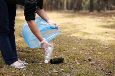Eldivenleri teslim eden bir kadın kullanılmış plastik şişeyi mavi bir çöp torbasına koyar. Güneşli bir günde bir gönüllü parkı temizler. Temizlik, kirlilik, ekoloji ve plastik konsept.