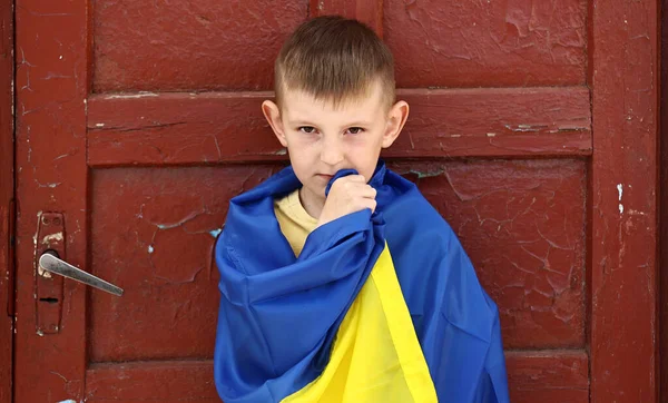 Ukrainian Small Child Stands Outdoors Supporting Homeland Little Kid Covered — 스톡 사진