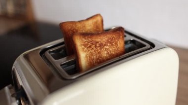 Kızarmış ekmek, beyaz bir tost makinesinden fırlıyor. Lezzetli ve kızarmış tost. Kızartma işlemi..
