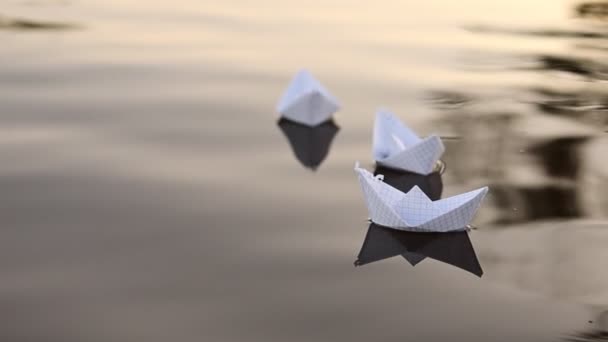 Paper Boat Floating Waves Water Beautiful Sunset Homemade Origami Boats — Stock Video