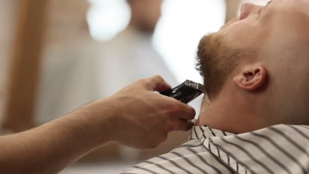 在理发店里 专业理发师用修剪工具修剪顾客的胡子 英俊的秃头男人在理发店刮胡子 — 图库视频影像