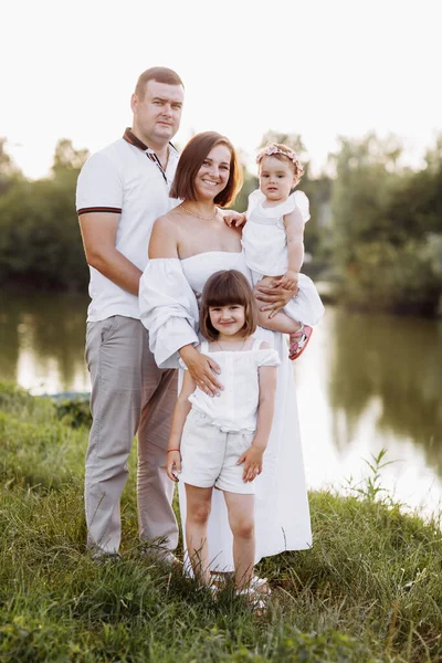 Young Dad Mom Child Daughter Baby Girl Having Fun Pond – stockfoto