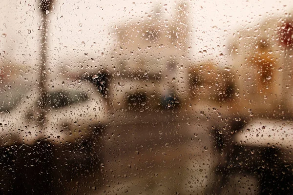 Rainy City Background Raindrops Window Glass Autumn Day Wet Home — Foto Stock