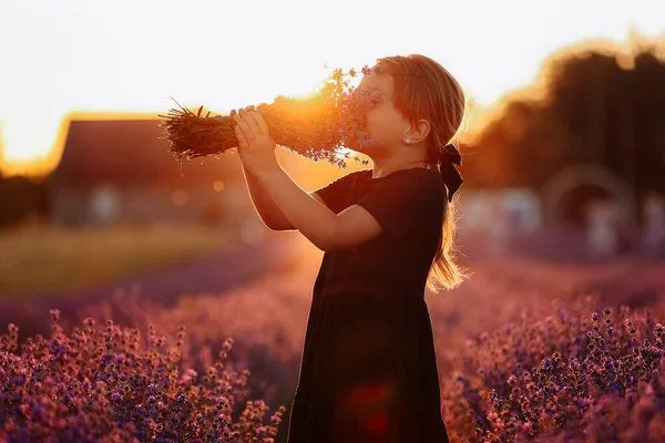 Şirin Bir Kızın Portresi Lavanta Çiçeklerinin Kokusunu Alıyor Bir Çocuk — Stok fotoğraf