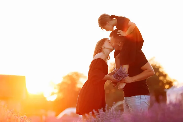 Happy Family Day Young Mother Father Carrying Shoulders Daughter Lavender — Stockfoto