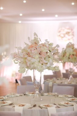 Şenlikli düğün dekorasyonu. Düğün günü yemek masasında cam vazoda duran güzel, beyaz ve pembe çiçekler. Yüksek kalite fotoğraf.
