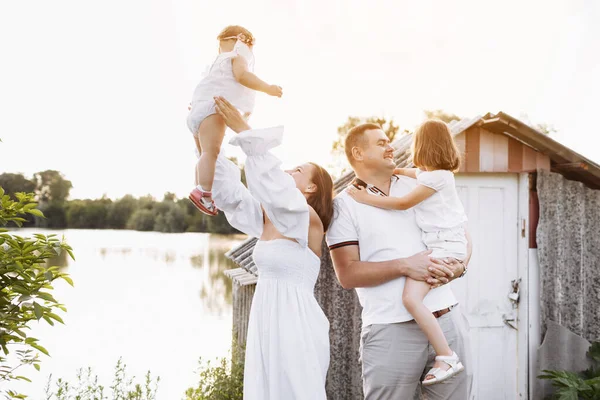 Happy Young Family Lake Pond Summer Countryside Mother Father Two — Stock fotografie