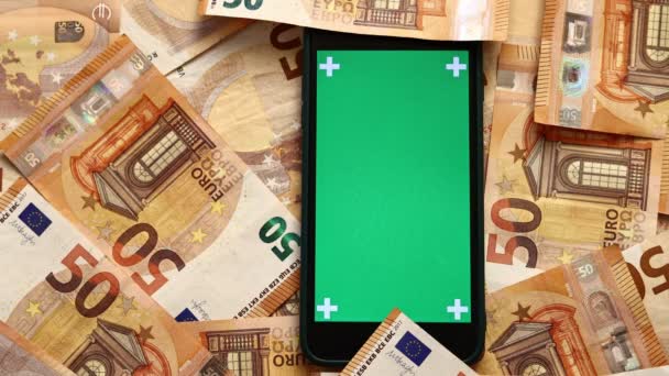 Euro Banknotes Currency Falling Mobile Phone Green Screen Chroma Key — Vídeo de stock