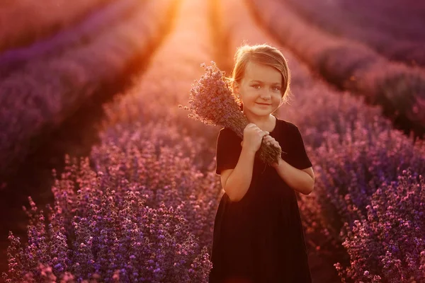 Portrait Smiling Cute Girl Bouquet Lavender Flowers Her Hands Child — 图库照片