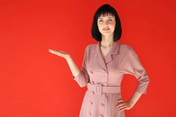 Beautiful Brunette Young Business Woman Wear Pink Suit Looking Camera — Stockfoto