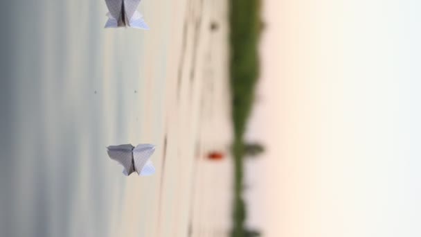 Paper Boat Floating Waves Water Beautiful Sunset Origami Ship Sailing — Video