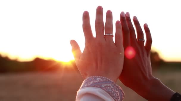 多种族的爱 黑人妇女和白人男子的手 金戒指在阳光下缓缓地接触户外 刚刚与非洲女性和白人男性结婚 婚礼当天 — 图库视频影像