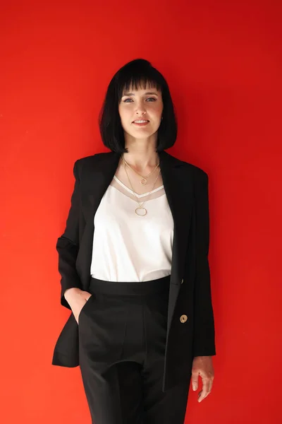 Beautiful Female Brunette Business Woman Ceo Black Suit Isolated Red — 스톡 사진