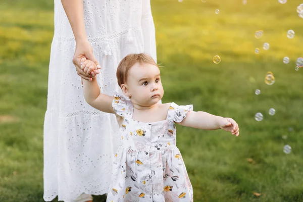 View Toddler Mother Hold Hand Daughter Enjoy Nature Walk Backyard —  Fotos de Stock