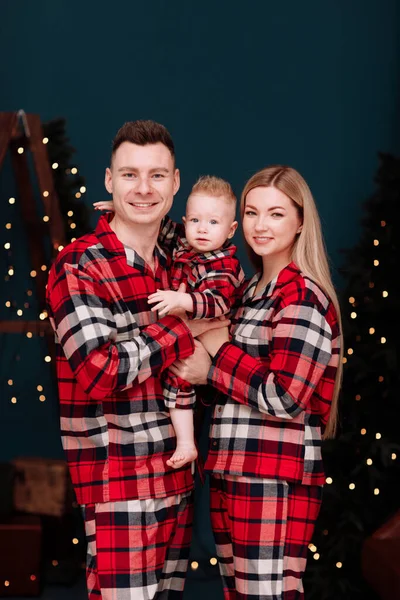 Christmas Family Holidays Smiling Young Dad Mom Hugging Baby Boy — Stock Photo, Image