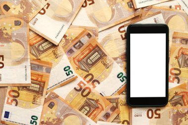 smartphone with blank display mockup screen on 50 euro banknotes. Money paper. Concept of business, investment and income growth.Modern technology, communication and online trade using gadget concept