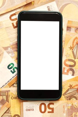 smartphone with blank display mockup screen on 50 euro banknotes. Money paper. Concept of business, investment and income growth.Modern technology, communication and online trade using gadget concept