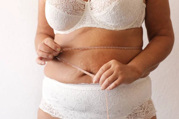 Cropped Photo Naked Overweight Woman Belly Underwear Trying Lose Weight — Stock fotografie