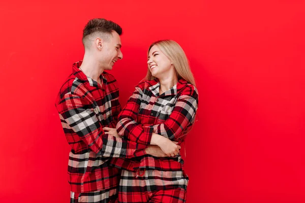 Happy Saint Valentine Day Smiling Young Couple Same Pyjamas Having — Stock Fotó