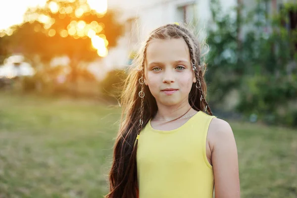 Front View Adorable Little Girl Hairstyle Smiling Her Outdoors Summer — Zdjęcie stockowe