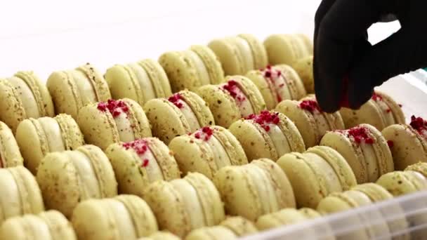 Process Making Macarons Macaroons Chef Black Gloves Decorating Yellow French – Stock-video