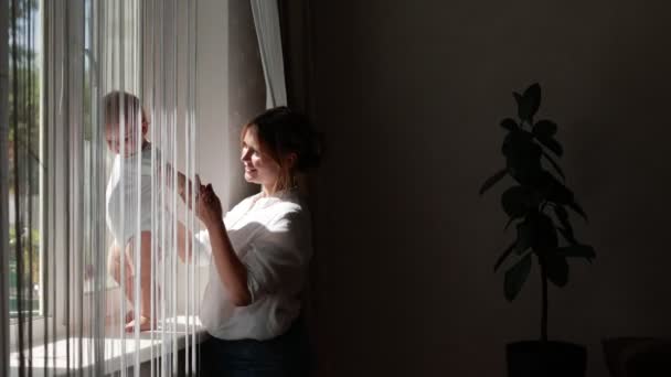 Happy Young Mother Baby Girl Boy Resting Home Big Window — Stock Video